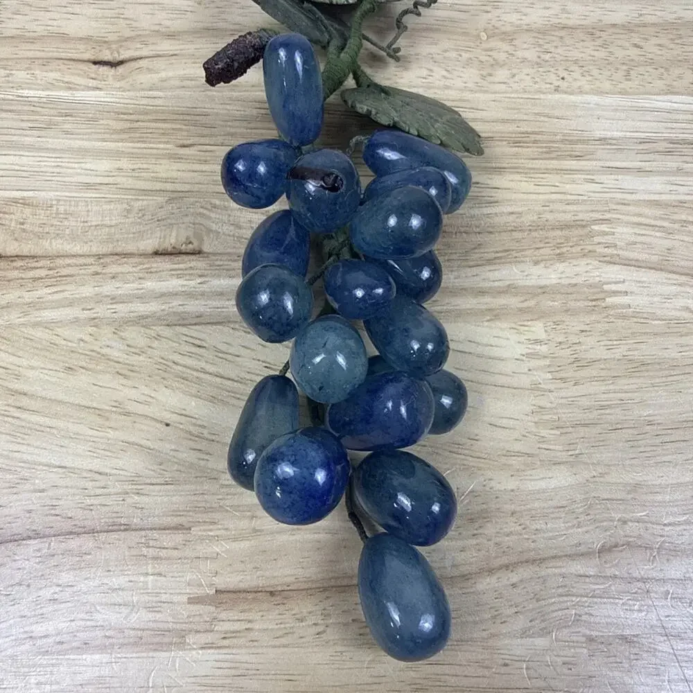 Vintage Set Of 2 Blue Agate Stone Grape Clusters With Jade Stone Leaves